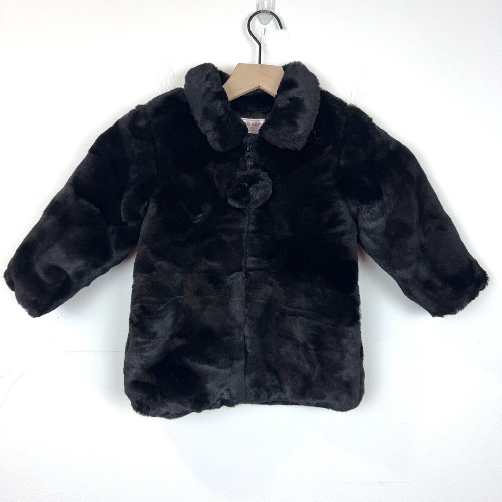 Old Navy Toddler Size 3T Girl Black Faux Fur Winter Pea Coat Zipper Fuzzy